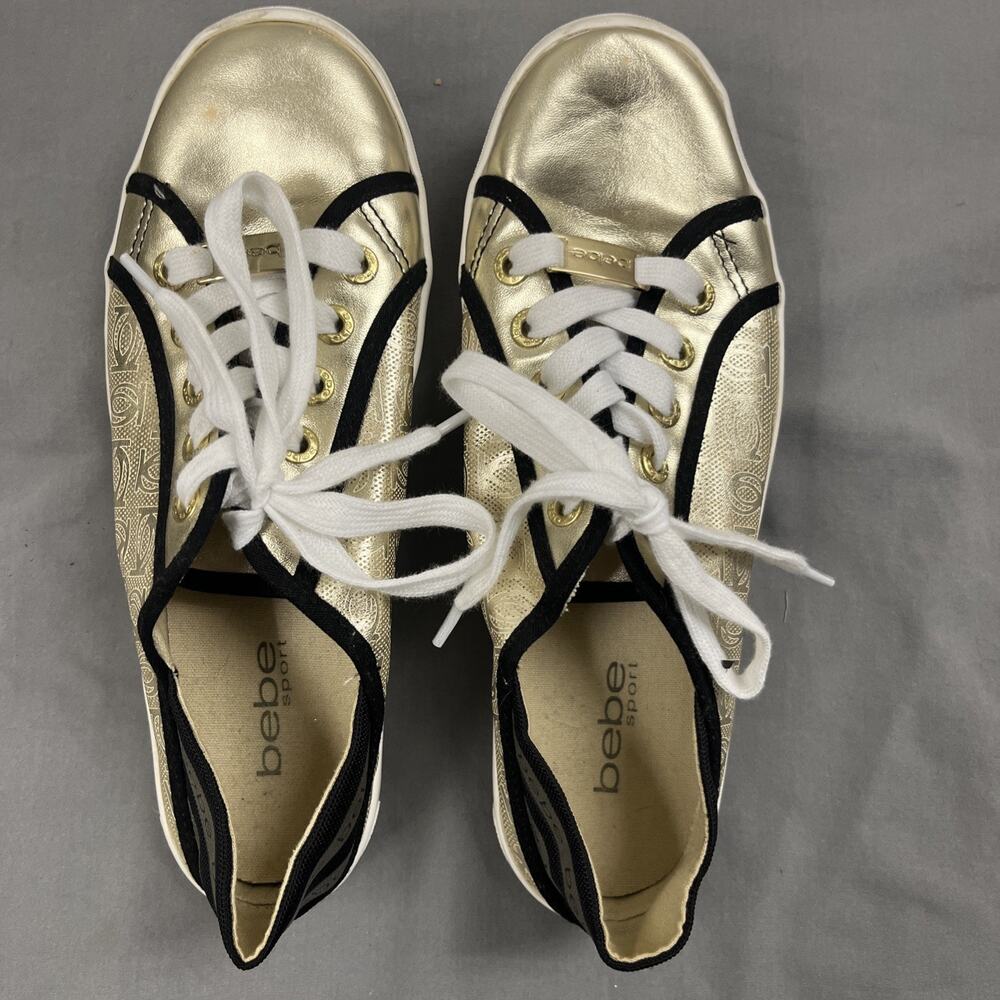 Bebe Sport Dacia Women's Gold Black Low Top Tennis Lace-Up Sneakers Size 7.5
